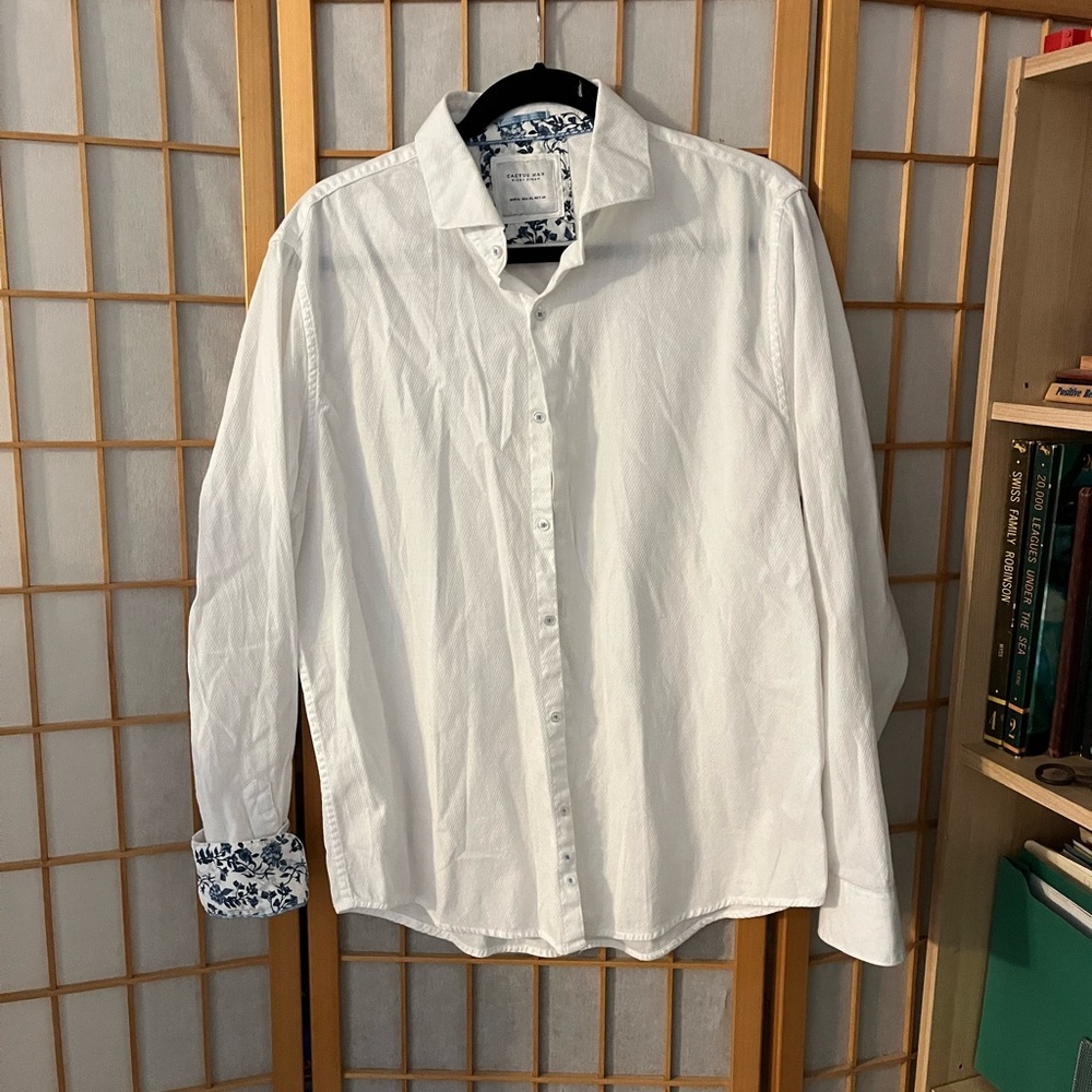 Cactus man Ricky Singh Mens XL White Button Shirt 100% Cotton Beach Floral Cuff